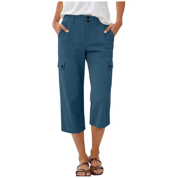 FAIWAD Cargo Pants Women Back Elastic Button Capris with 4 Pockets Casual Straight Leg Cropped Pants