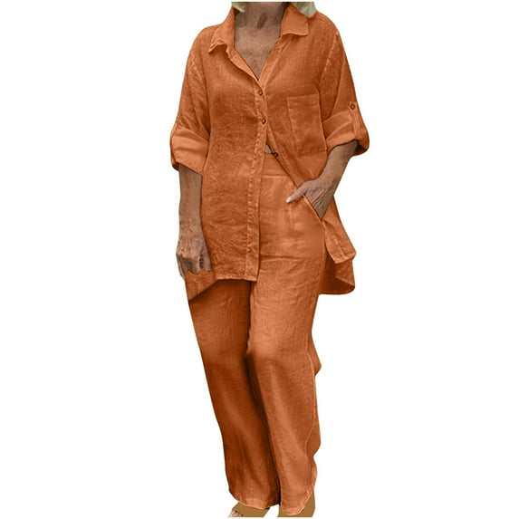 FAIWAD Casual 2 Piece Outfits Cotton Linen Sets long Sleeve Button Down Shirts Casual Loose Pants Comfy Lounge Set