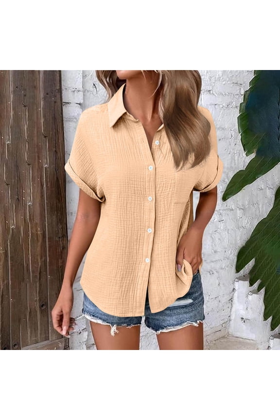 Shirts for Women Short Sleeve Lapel Collar Button Down Shirts Dressy Casual Loose Textured Work Blouses
