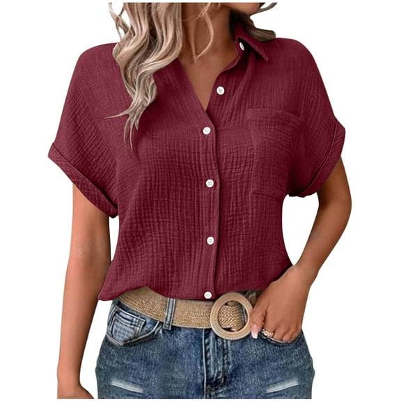 FAIWAD Shirts for Women Short Sleeve Lapel Collar Button Down Shirts Dressy Casual Loose Textured Work Blouses