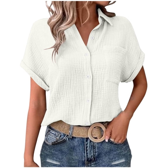 FAIWAD Shirts for Women Short Sleeve Lapel Collar Button Down Shirts Dressy Casual Loose Textured Work Blouses