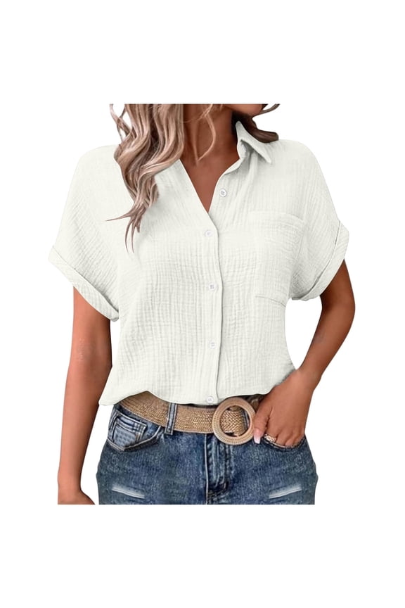 Shirts for Women Short Sleeve Lapel Collar Button Down Shirts Dressy Casual Loose Textured Work Blouses