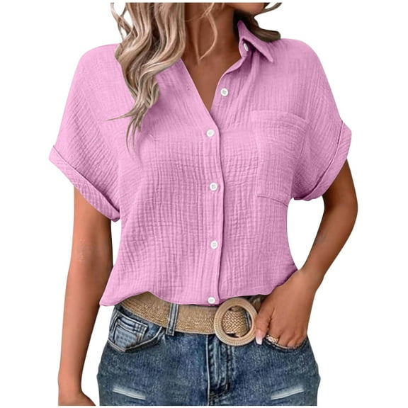 FAIWAD Shirts for Women Short Sleeve Lapel Collar Button Down Shirts Dressy Casual Loose Textured Work Blouses