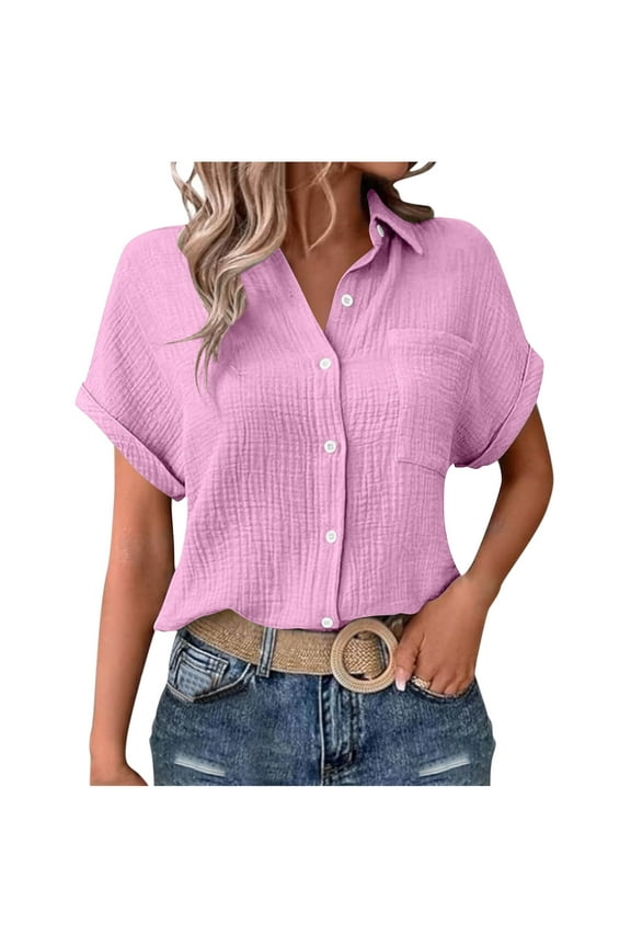 Shirts for Women Short Sleeve Lapel Collar Button Down Shirts Dressy Casual Loose Textured Work Blouses