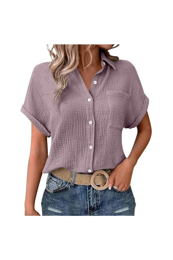 Shirts for Women Short Sleeve Lapel Collar Button Down Shirts Dressy Casual Loose Textured Work Blouses