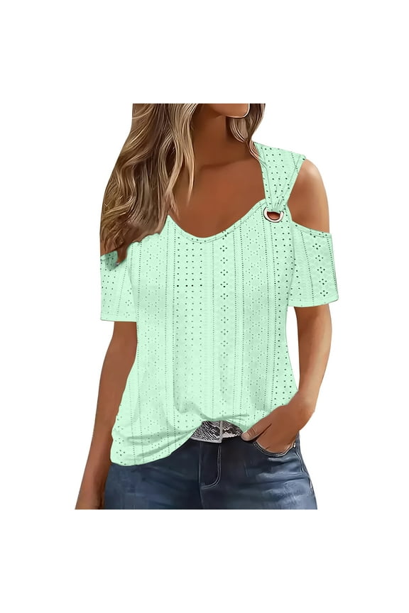 Clod Sholuder Tops for Women Summer Hollow Out Mesh Short Sleeve T Shirts Ladies Going Out Blouses