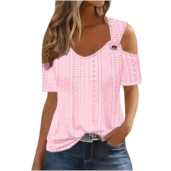 FAIWAD Clod Sholuder Tops for Women Summer Hollow Out Mesh Short Sleeve T Shirts Ladies Going Out Blouses