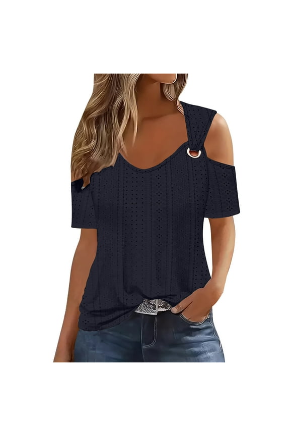Clod Sholuder Tops for Women Summer Hollow Out Mesh Short Sleeve T Shirts Ladies Going Out Blouses
