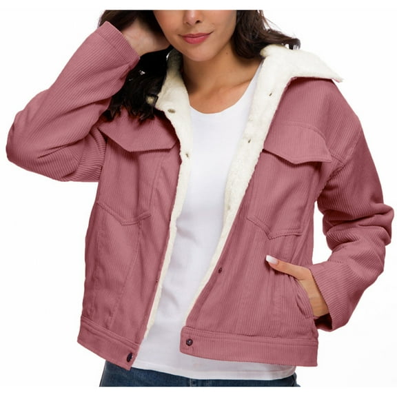 FAIWAD Corduroy Jacket for Womens Single Breasted Fleece Lined Lapel Outwear Fall Winter Warm Coat (X-Large, Pink)