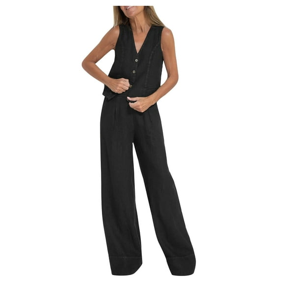 FAIWAD Cotton Linen 2 Piece Outfits for Women Solid Color V Neck Vest Waistcoat with Wide Leg Pant (Small, Black)