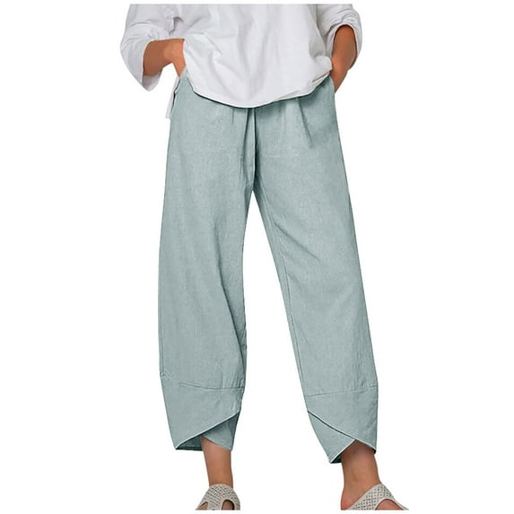 FAIWAD Cotton Linen Cropped Pants for Women High Waisted Lounge Pants with Pockets Solid Color Wide Leg Trousers
