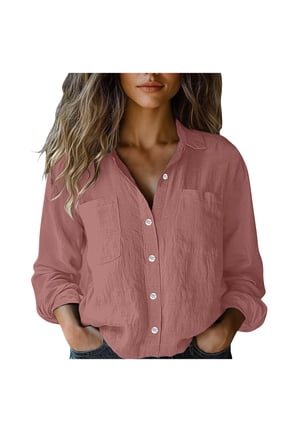 Cotton Linen Shirts for Women Long Sleeve Collared Button Down Blouses Casual Plain Basic Work Tops