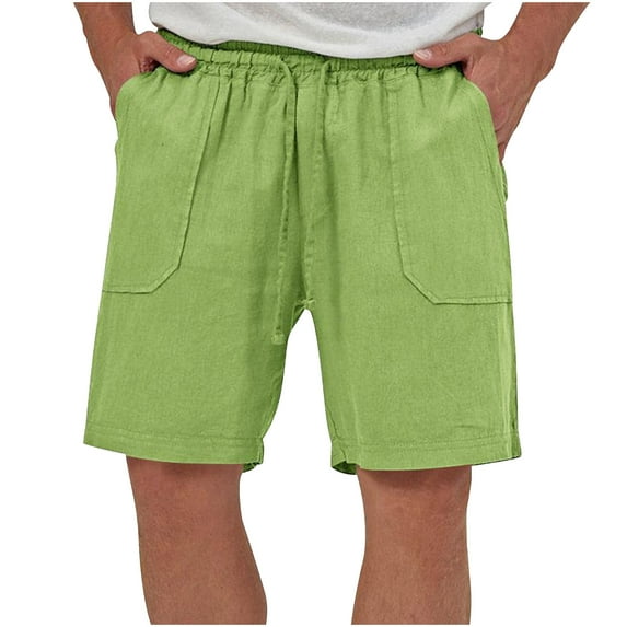 FAIWAD Cotton Linen Shorts for Men Casual Solid Color Drawstring Elastic Waist Summer Beach Shorts with Pockets