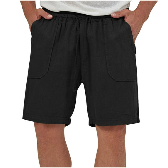 FAIWAD Cotton Linen Shorts for Men Casual Solid Color Drawstring Elastic Waist Summer Beach Shorts with Pockets