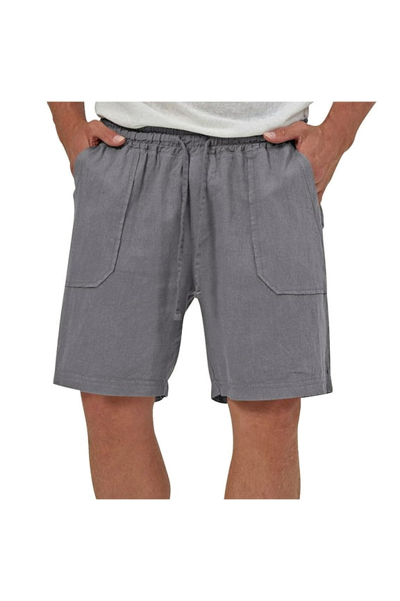 Cotton Linen Shorts for Men Casual Solid Color Drawstring Elastic Waist Summer Beach Shorts with Pockets