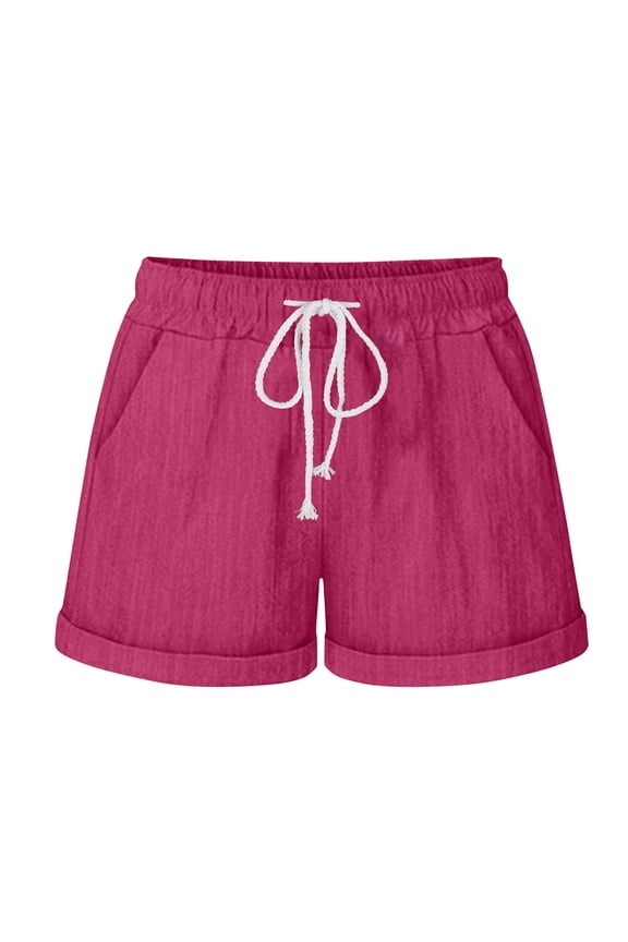 Cotton Linen Shorts for Women Casual Elastic Waist Drawstring Rolled Hem Summer Lounge Shorts with Pockets
