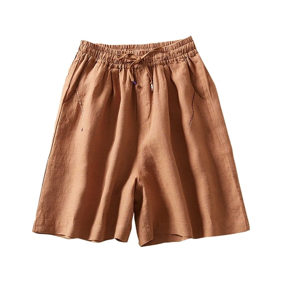 FAIWAD Cotton Linen Shorts for Women Casual Summer Elastic Waist Drawstring Loose Beach Shorts with Pockets