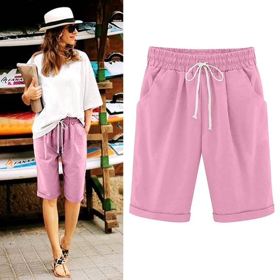 FAIWAD Cotton Linen Shorts for Women Elastic Waist Knee Length Shorts Loose Lounge Shorts with Drawstring Pockets