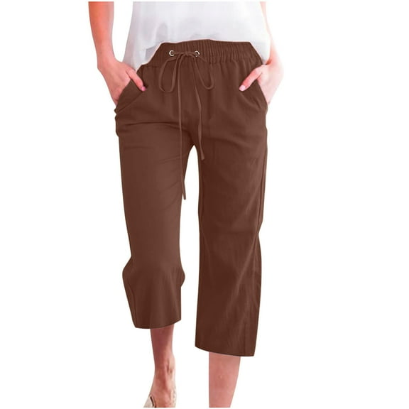 FAIWAD Cotton Linen Straight Pants for Womens with Pockets Drawstring Elastic Waist Seven Point Trousers (Small, Brown)