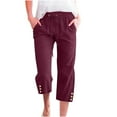 thumbnail image 1 of FAIWAD Cotton Linen Straight Pants for Womens with Pockets Drawstring Elastic Waist Seven Point Trousers (Small, Wine), 1 of 5