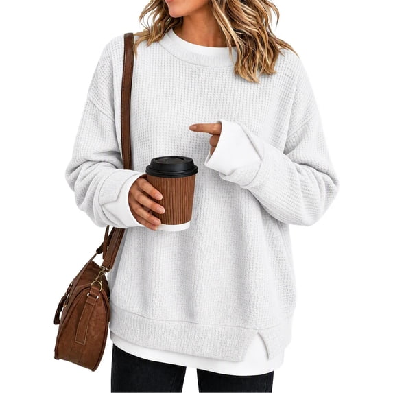 FAIWAD Crew Neck Layered Sweatshirt for Women Oversized Patchwork Long Sleeve Pullover Side Split Casual Sweatshirts