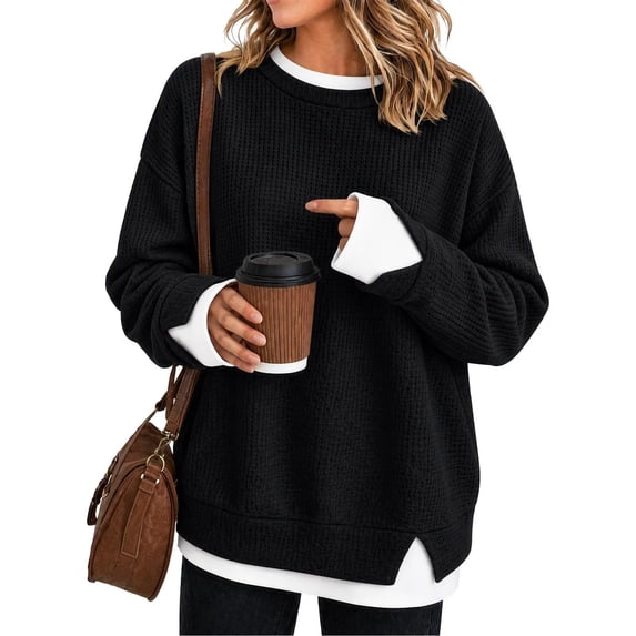 FAIWAD Crew Neck Layered Sweatshirt for Women Oversized Patchwork Long Sleeve Pullover Side Split Casual Sweatshirts