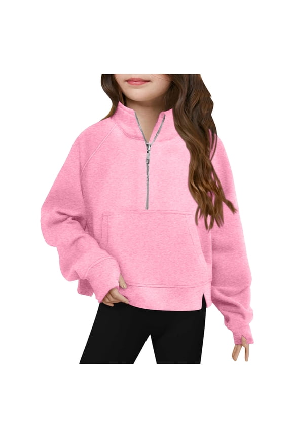 Crop Sweatshirt for Girls Long Sleeve Half Zip Pullover Tops with Thumb Hole Kids Fleece Fall Winter Clothes