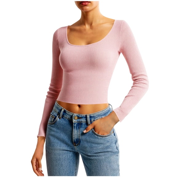 FAIWAD Cropped Sweaters for Women Long Sleeve Scoop Neck Slim Fitted Ribbed Knit Pullover Trendy Casual Going Out Clothes