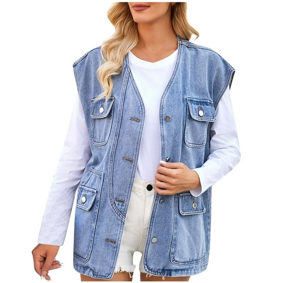 FAIWAD Denim Jacket for Womens Button Up Sleeveless Jackets with Pockets Vintage Loose Jeans Coat