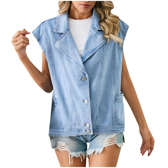 FAIWAD Denim Jacket for Womens Lapel Button Up Sleeveless Jackets with Pockets Vintage Loose Jeans Coat