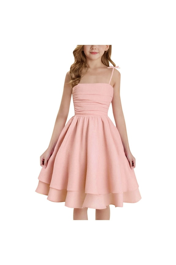 Dresses for Girls Ruched Layered Adjustment Strap Flowy Cami Dress Kids Girls Party A-line Formal Dresses