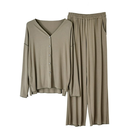 FAIWAD Fall Winter Pajamas Outfits for Women Long Sleeve Button V Neck Top with Wide Leg Pants Women's Homewear Set