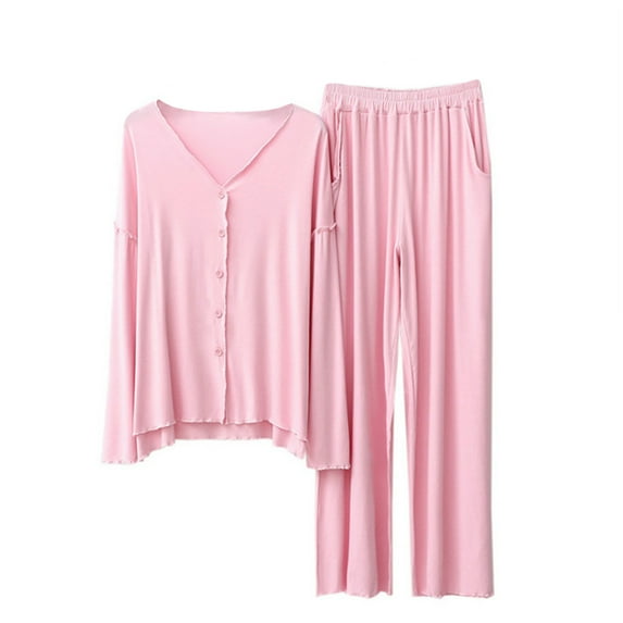 FAIWAD Fall Winter Pajamas Outfits for Women Long Sleeve Button V Neck Top with Wide Leg Pants Women's Homewear Set