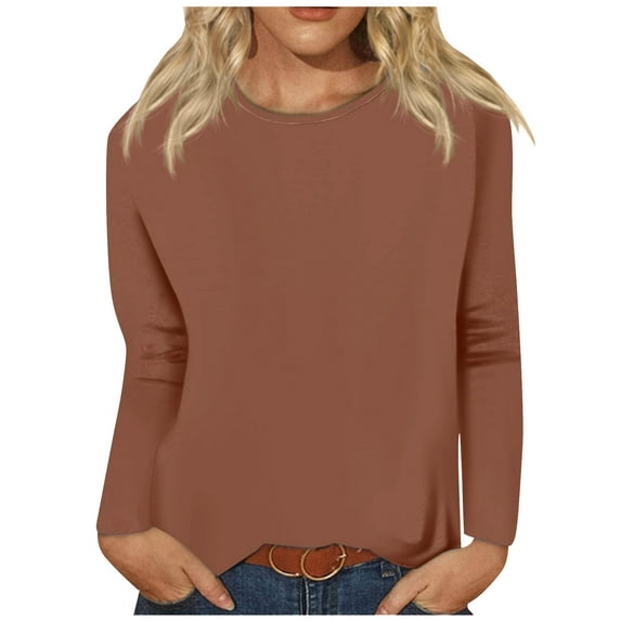 FAIWAD Fall Winter Pullover Tops for Women Solid Color Round Neck Long Sleeve Plus Size Basic Top