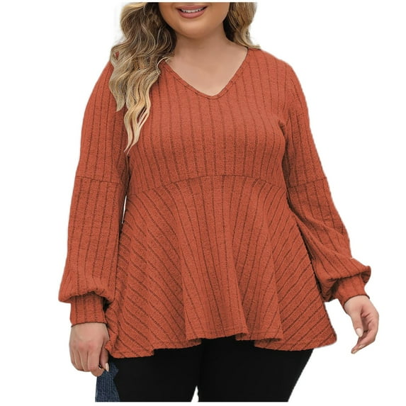 FAIWAD Fall Winter Tops for Women Lantern Long Sleeve V Neck Casual Tops Solid Color Elegant Pullover Top