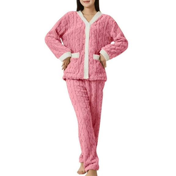 FAIWAD Flannel Pajamas for Women Set Fuzzy Fleece Warm Winter Tops with Pants Soft Plush Sleepwear with Pockets