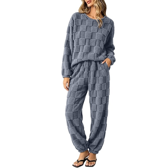 FAIWAD Fleece Pajama Sets for Women 2 Piece Long Sleeve Tops Elastic Pants Soft Sleepwear Outfits
