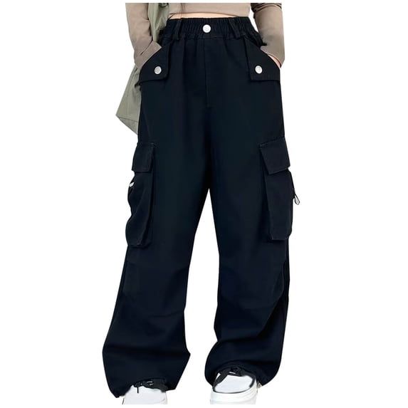FAIWAD Girl's Cargo Pants Kids Elastic Waist Wide Leg Streetwear Joggers with Pockets Loose Casual Athletic Pants
