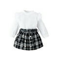 thumbnail image 1 of FAIWAD Girl's Fuzzy Patchwork Skirt Set Puff Long Sleeve Pullover Tops and Mini Skirt Girl 2 Piece Outfits, 1 of 8