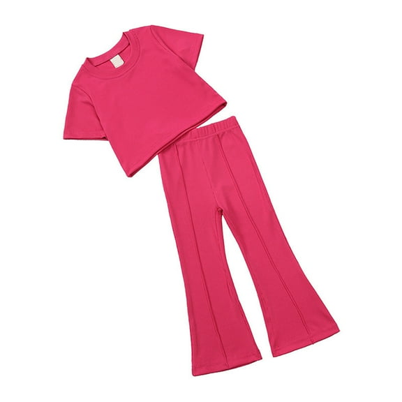 FAIWAD Girl's Ribbed 2 Piece Outfits Summer Short Sleeve Round Neck Tops and Flared Pants