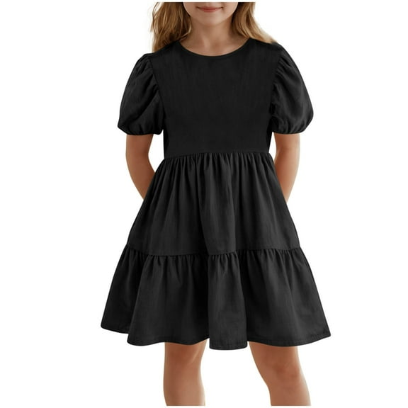 FAIWAD Girl's Summer Dresses Kids Girls Puff Short Sleeve Tiered Midi Sundress Casual A Line Mini Dress 5-15 Years