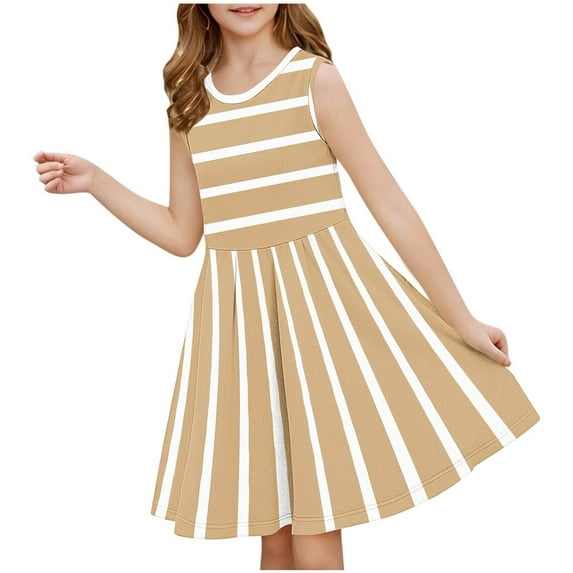 FAIWAD Girl's Summer Sundress Striped Crewneck Sleeveless Tank Dress Casual Cute Pleated Mini Dresses 3-14 Years