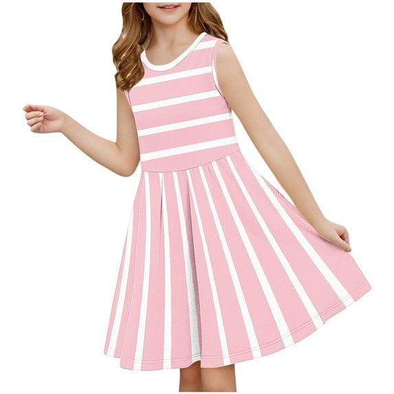 FAIWAD Girl's Summer Sundress Striped Crewneck Sleeveless Tank Dress Casual Cute Pleated Mini Dresses 3-14 Years