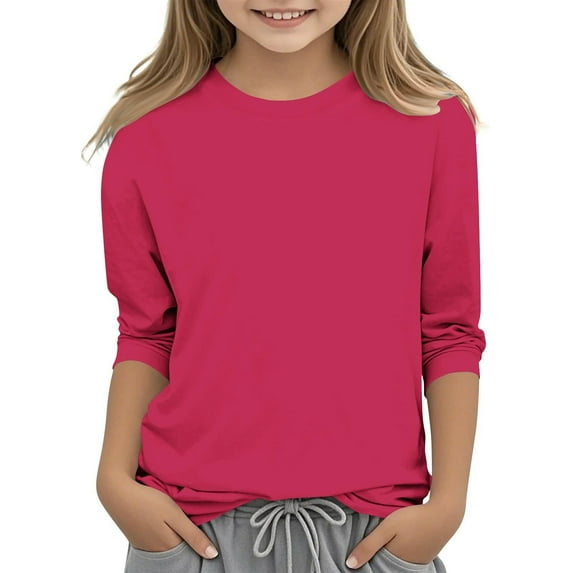 FAIWAD Girls Classic Tops 3/4 Sleeve Round Neck Loose Casual Blouses Kids Solid Color Lightweight Comfy Tshirts 3-12Y