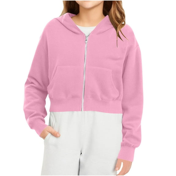 FAIWAD Girls Cropped Hoodie Zip Long Sleeve Sweatshirts with Pockets Kids Lightweight Casual Outwear, 5-14Years