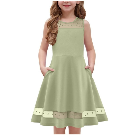 FAIWAD Girls Dress Casual Round Neck Sleeveless A Line Dresses Kids Knee Length Princess Party Wedding Dresses 5-13Y