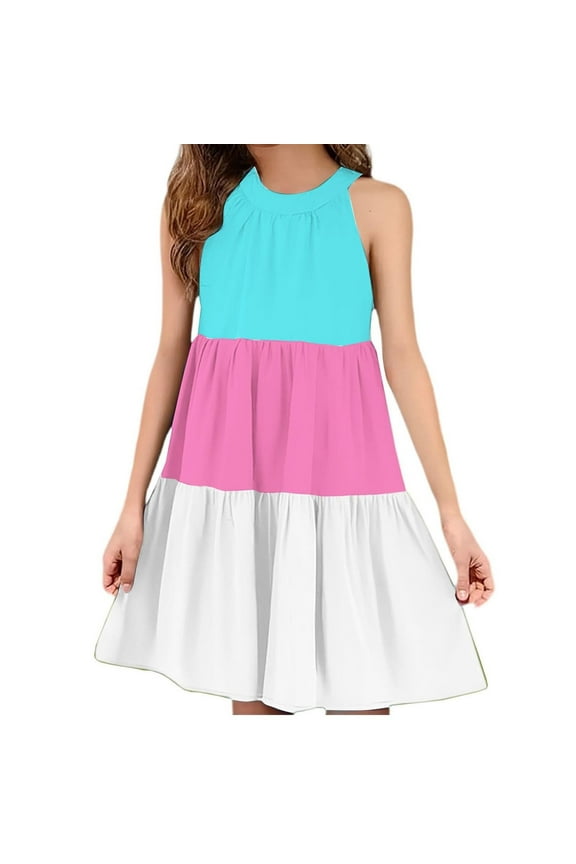 Girls Summer Dresses Sleeveless Ruffle Tiered Midi Casual Sundress Kids Cute Color Block Beach Party Dress