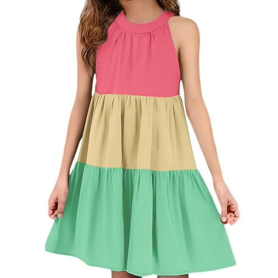 FAIWAD Girls Summer Dresses Sleeveless Ruffle Tiered Midi Casual Sundress Kids Cute School Uniform Beach Party Dress