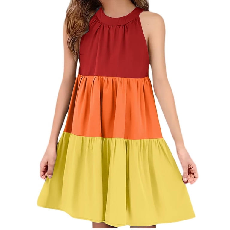 cute bright summer dresses Faiwad Girls Sleeveless Ruffle Tiered Midi Casual Sundress Kids Color Block Beach Party Dress, Girl's, Size: 9-10 Years, Orange 100% Organic Cotton Maternity Level 2 This Bright Island Floral Color:Midnight Moon V neck