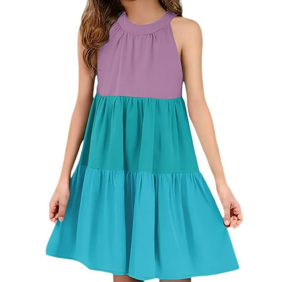FAIWAD Girls Summer Dresses Sleeveless Ruffle Tiered Midi Casual Sundress Kids Cute Color Block Beach Party Dress